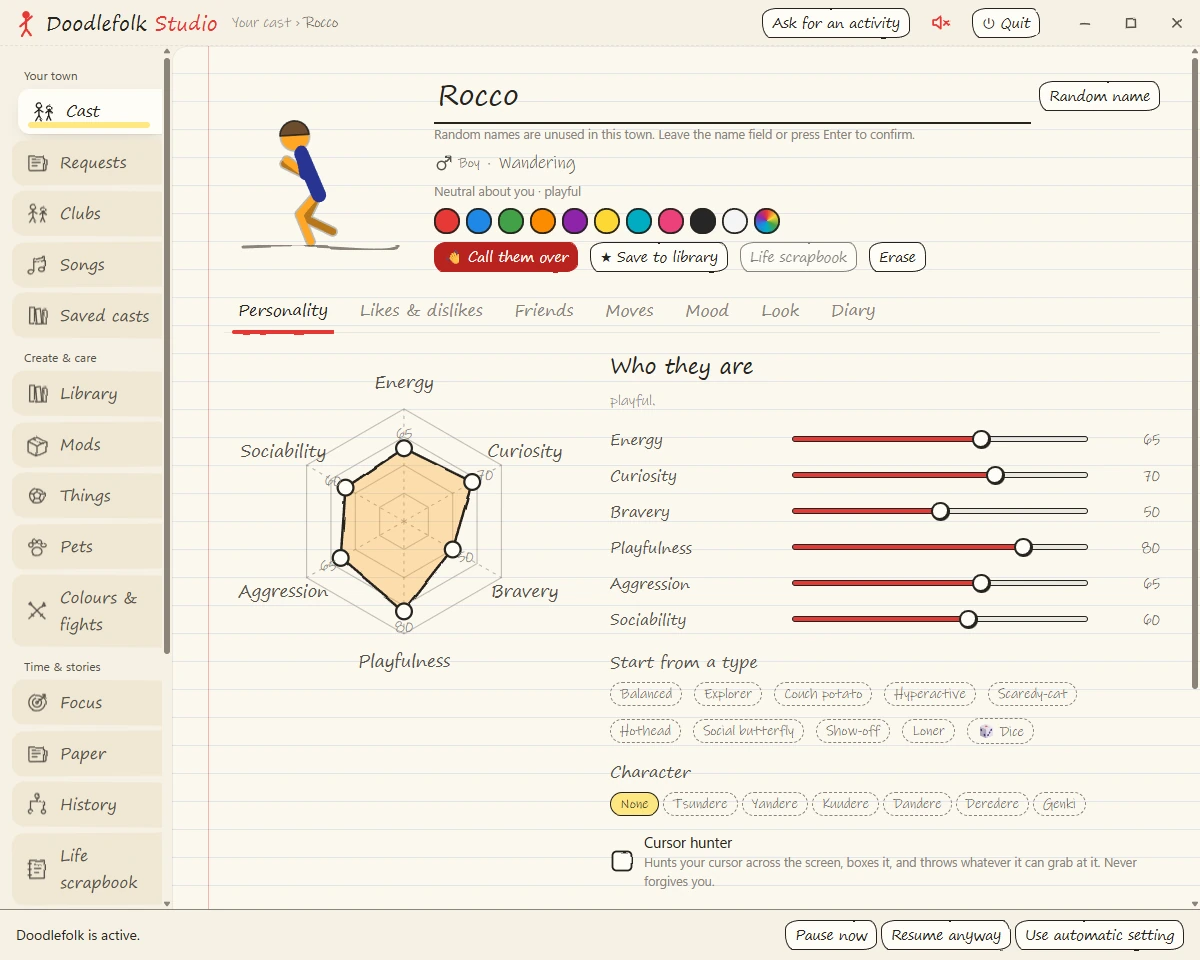The current Doodlefolk Studio personality page, captured with a private demonstration resident.